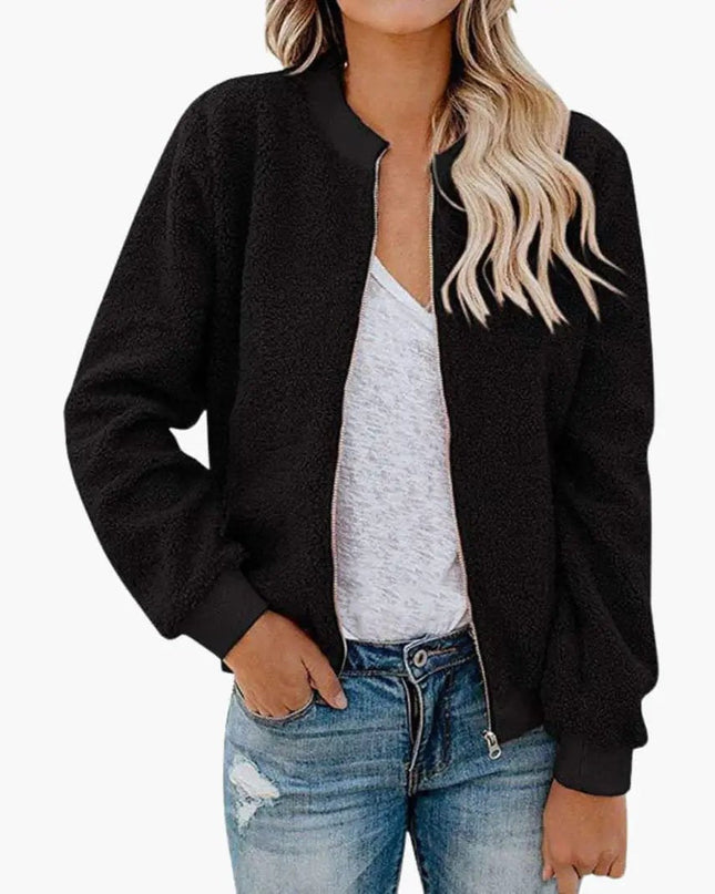 Women’s Fleece Bomber Jacket with Zip and Stand-Up Collar