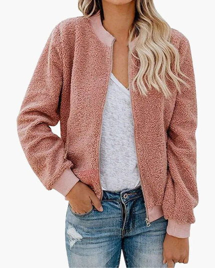 Women’s Fleece Bomber Jacket with Zip and Stand-Up Collar