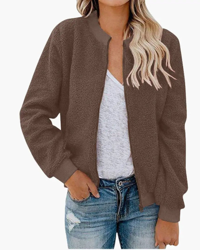 Women’s Fleece Bomber Jacket with Zip and Stand-Up Collar