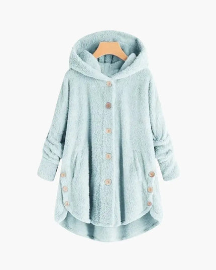 Women's Hooded Jacket with Button Closure and Rounded Hem