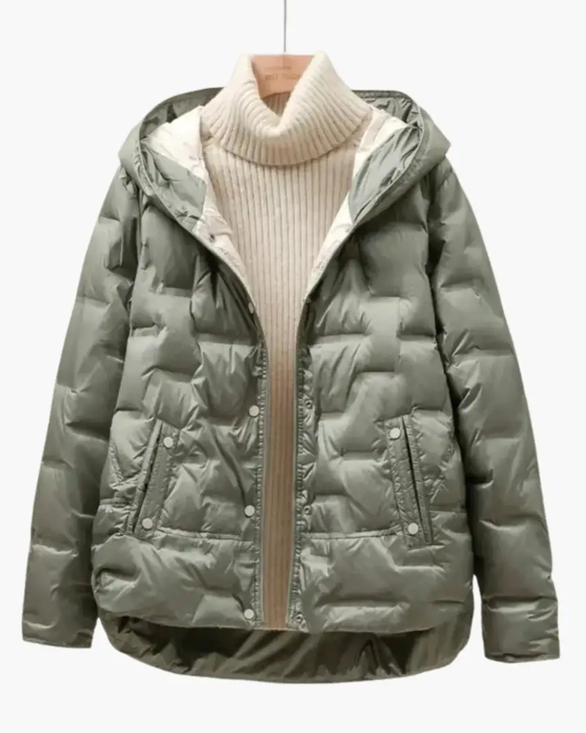 Women’s Hooded Puffer Jacket with Quilted Surface and Front Snap Closure