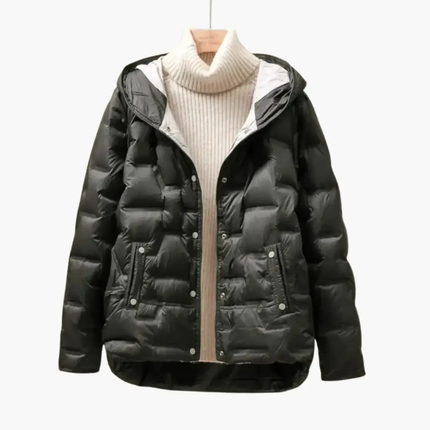 Women’s Hooded Puffer Jacket with Quilted Surface and Front Snap Closure
