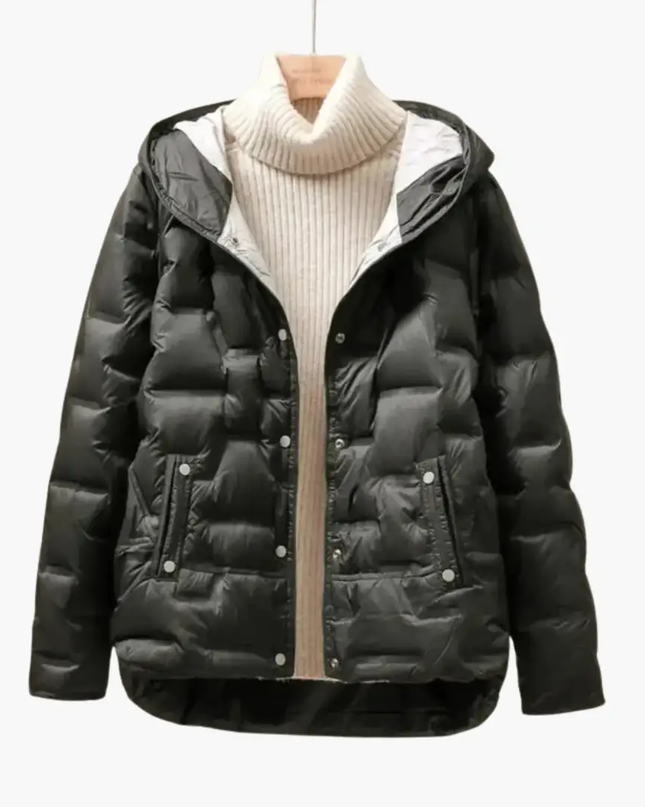 Women’s Hooded Puffer Jacket with Quilted Surface and Front Snap Closure