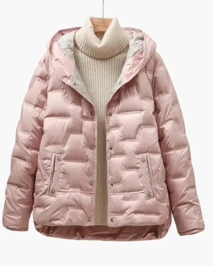 Women’s Hooded Puffer Jacket with Quilted Surface and Front Snap Closure