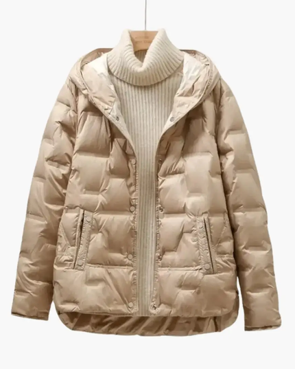 Women’s Hooded Puffer Jacket with Quilted Surface and Front Snap Closure
