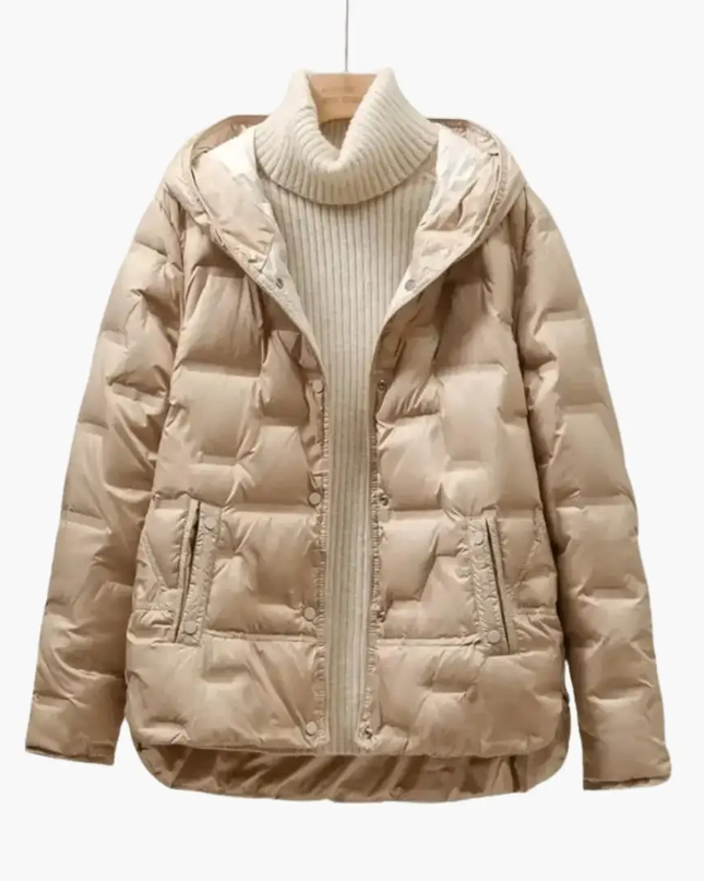 Women’s Hooded Puffer Jacket with Quilted Surface and Front Snap Closure