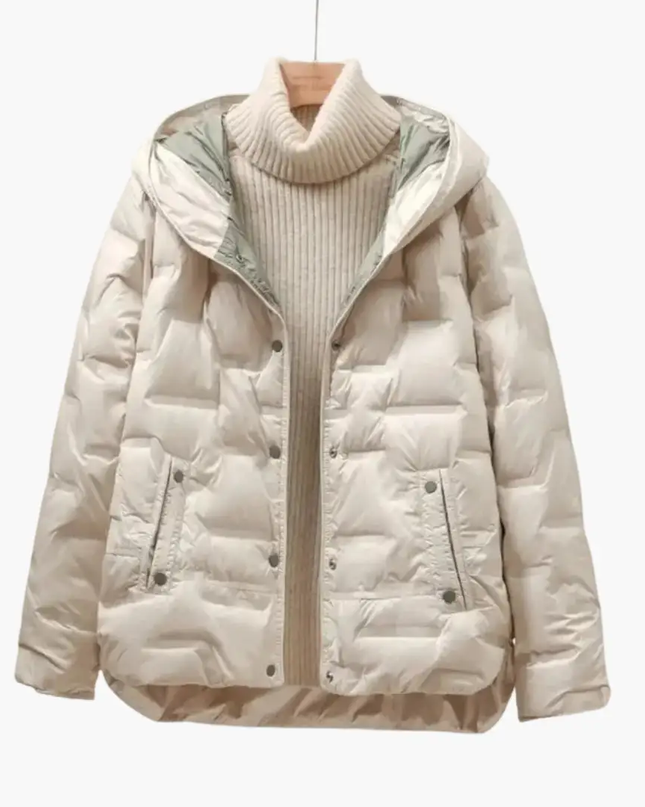Women’s Hooded Puffer Jacket with Quilted Surface and Front Snap Closure
