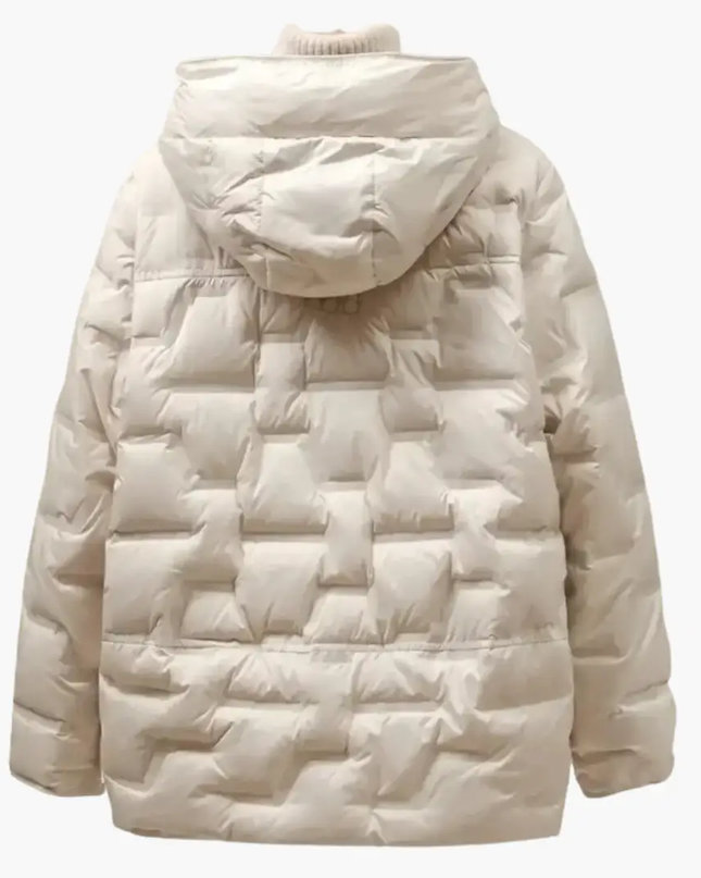 Women’s Hooded Puffer Jacket with Quilted Surface and Front Snap Closure
