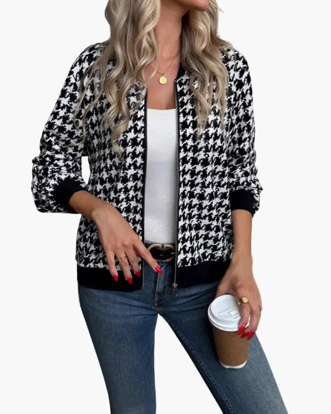 Women’s Houndstooth Bomber Jacket with Zip Front and Elastic Cuffs
