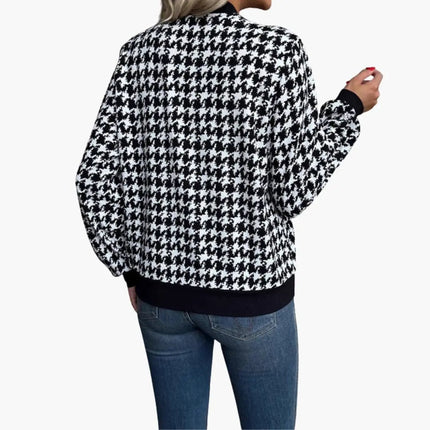 Women’s Houndstooth Bomber Jacket with Zip Front and Elastic Cuffs