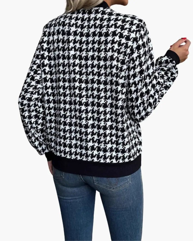 Women’s Houndstooth Bomber Jacket with Zip Front and Elastic Cuffs