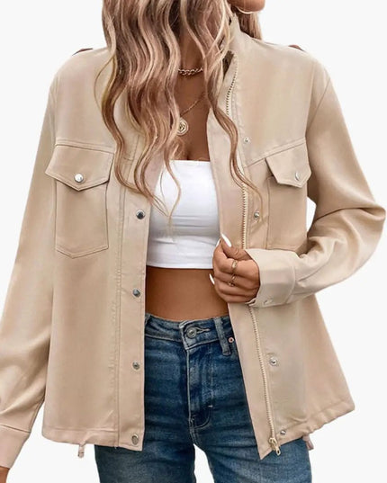 Women’s Jacket with Stand Collar Zip Front and Chest Pockets
