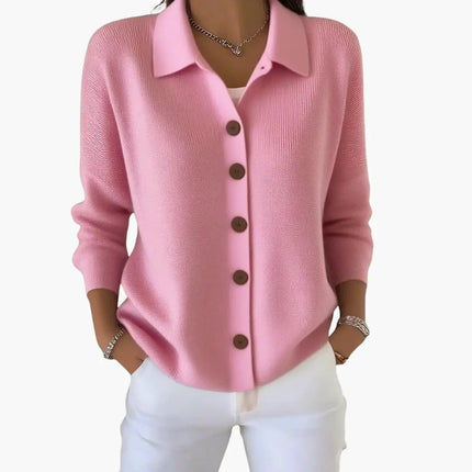 Women's Lapel Collar Cardigan with Button Closure and Textured Knit