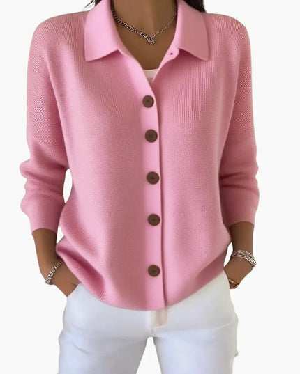 Women's Lapel Collar Cardigan with Button Closure and Textured Knit