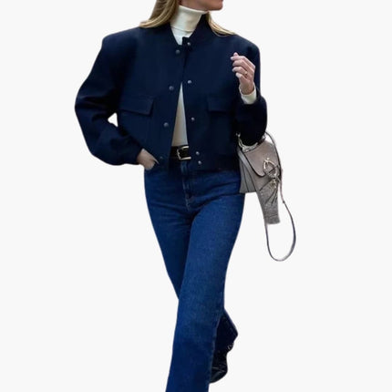 Women's Military-Inspired Bomber Jacket with Elastic Cuffs and Spacious Pockets