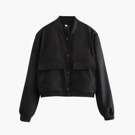 Women's Military-Inspired Bomber Jacket with Elastic Cuffs and Spacious Pockets