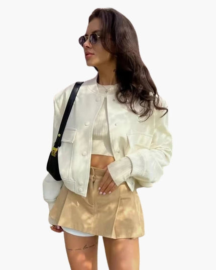 Women's Military-Inspired Bomber Jacket with Elastic Cuffs and Spacious Pockets