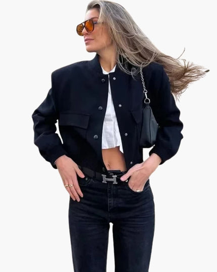 Women's Military-Inspired Bomber Jacket with Elastic Cuffs and Spacious Pockets