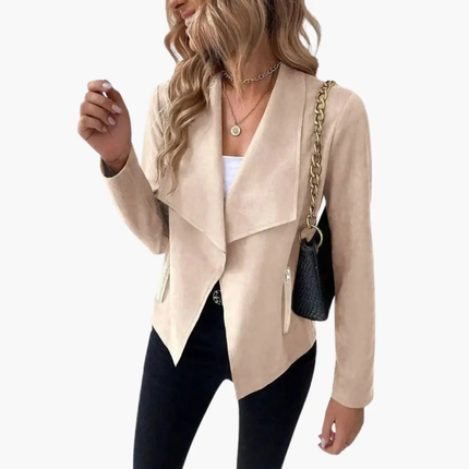 Women’s Open Front Jacket with Draped Lapels and Zip Pockets