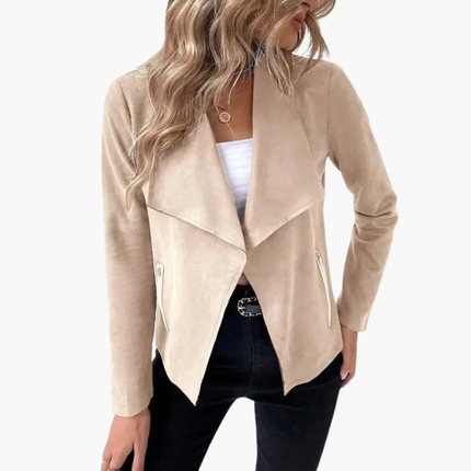 Women’s Open Front Jacket with Draped Lapels and Zip Pockets