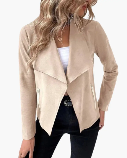 Women’s Open Front Jacket with Draped Lapels and Zip Pockets