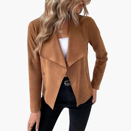 Women’s Open Front Jacket with Draped Lapels and Zip Pockets