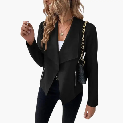 Women’s Open Front Jacket with Draped Lapels and Zip Pockets