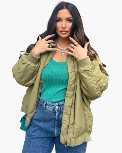 Women’s Oversized Bomber Jacket with Lining and Patch Pockets