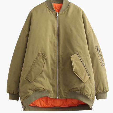 Women’s Oversized Bomber Jacket with Lining and Patch Pockets