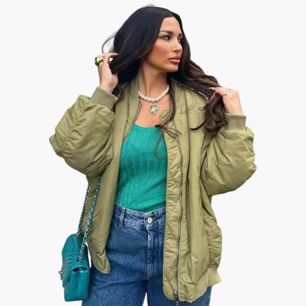 Women’s Oversized Bomber Jacket with Lining and Patch Pockets