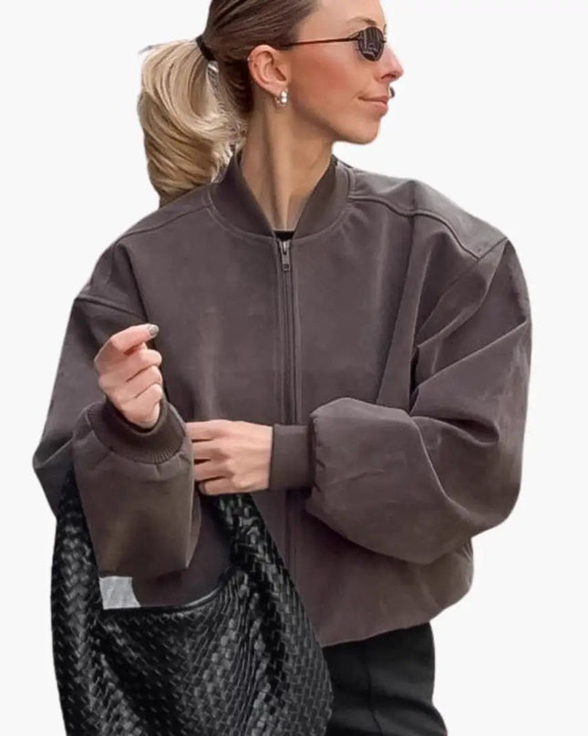 Women’s Oversized Bomber Jacket with Stand Collar and Voluminous Sleeves