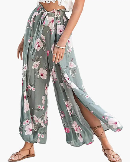 Women’s Palazzo Pants with Elastic Waistband and Floral Design