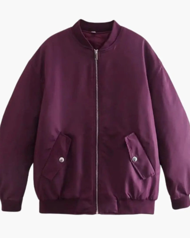 Women’s Plus-Size Bomber Jacket with Zip and Side Pockets