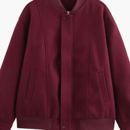 Women’s Varsity Bomber Jacket with Snap Button Closure and Side Pockets