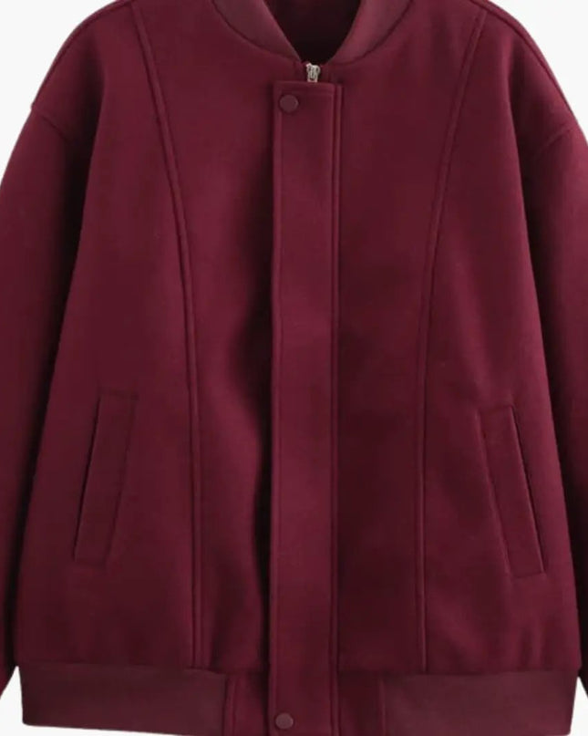 Women’s Varsity Bomber Jacket with Snap Button Closure and Side Pockets