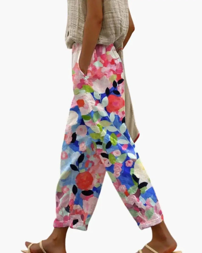 Women’s Wide Leg Floral Pants with Pockets – Pull-On Full-Length Trousers