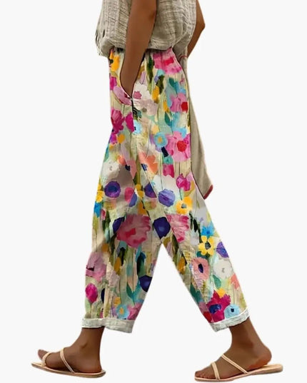 Women’s Wide Leg Floral Pants with Pockets – Pull-On Full-Length Trousers