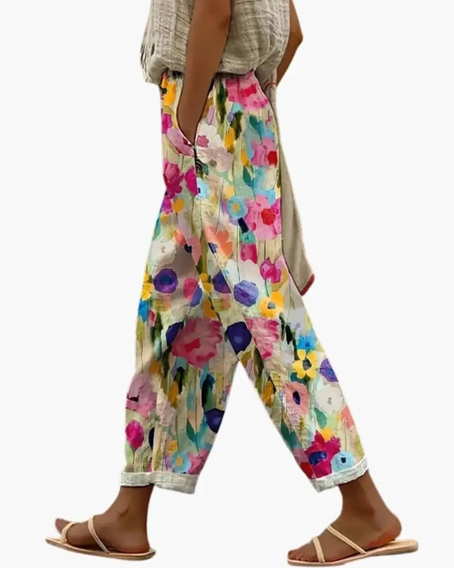 Women’s Wide Leg Floral Pants with Pockets – Pull-On Full-Length Trousers