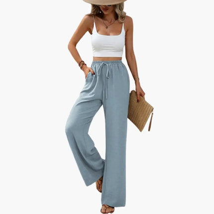 Women’s Wide Leg Summer Pants with Elastic Waist – Pull-On Full-Length Trousers