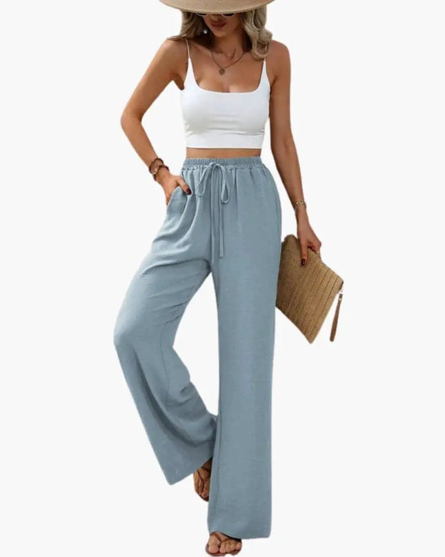 Women’s Wide Leg Summer Pants with Elastic Waist – Pull-On Full-Length Trousers
