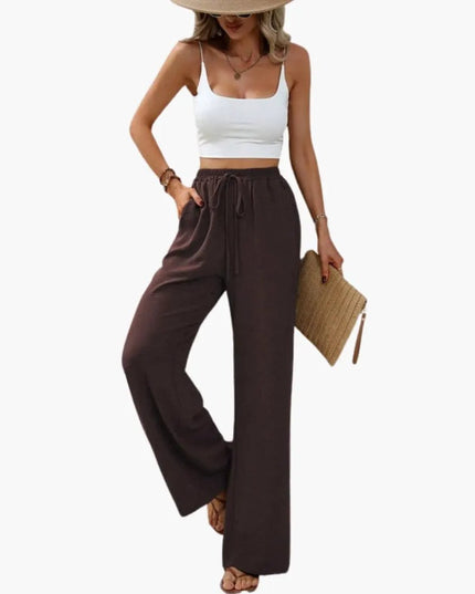 Women’s Wide Leg Summer Pants with Elastic Waist – Pull-On Full-Length Trousers