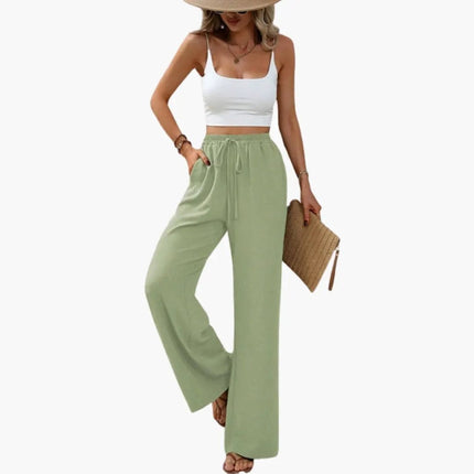 Women’s Wide Leg Summer Pants with Elastic Waist – Pull-On Full-Length Trousers