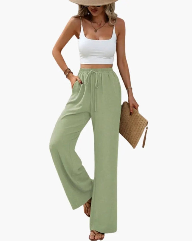 Women’s Wide Leg Summer Pants with Elastic Waist – Pull-On Full-Length Trousers