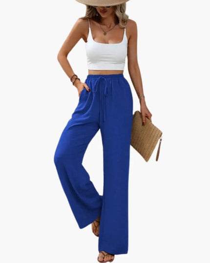 Women’s Wide Leg Summer Pants with Elastic Waist – Pull-On Full-Length Trousers