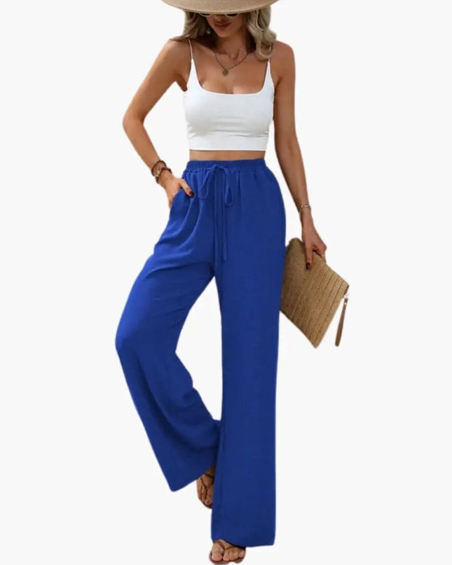 Women’s Wide Leg Summer Pants with Elastic Waist – Pull-On Full-Length Trousers