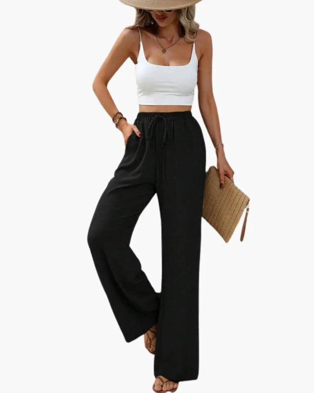 Women’s Wide Leg Summer Pants with Elastic Waist – Pull-On Full-Length Trousers