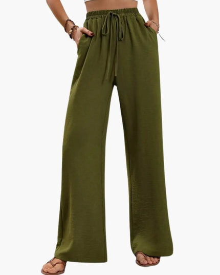 Women’s Wide Leg Summer Pants with Elastic Waist – Pull-On Full-Length Trousers
