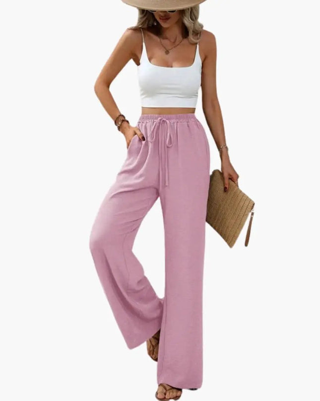 Women’s Wide Leg Summer Pants with Elastic Waist – Pull-On Full-Length Trousers