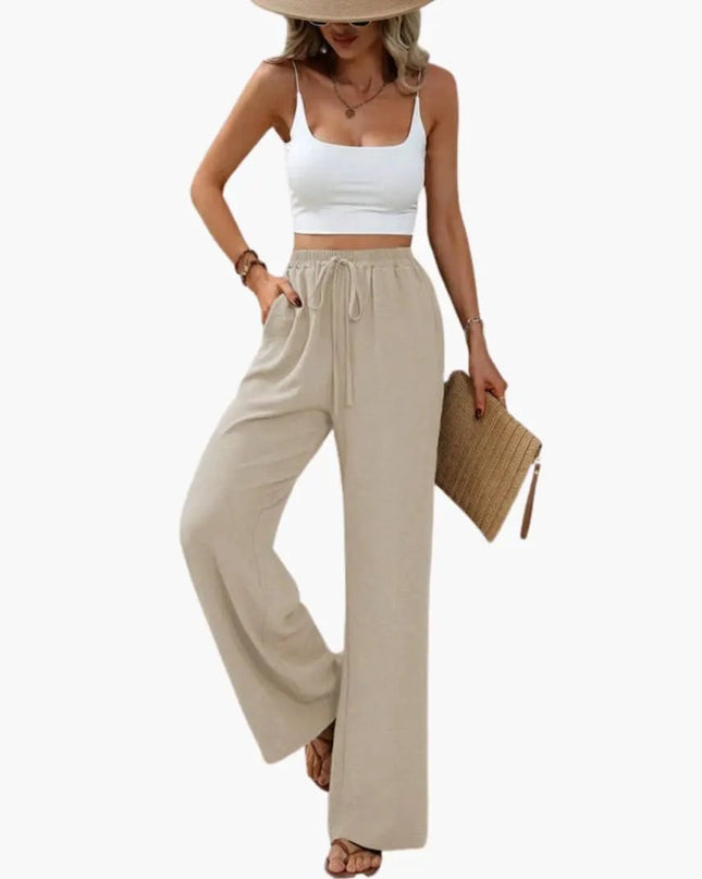 Women’s Wide Leg Summer Pants with Elastic Waist – Pull-On Full-Length Trousers
