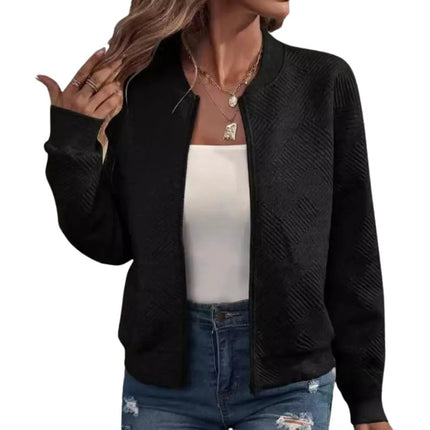 Women’s Woven Fabric Zip-Up Bomber Jacket with Ribbed Hem